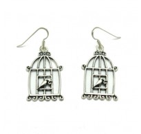 E000631 Dangling sterling silver earrings solid 925 bird in cage Empress